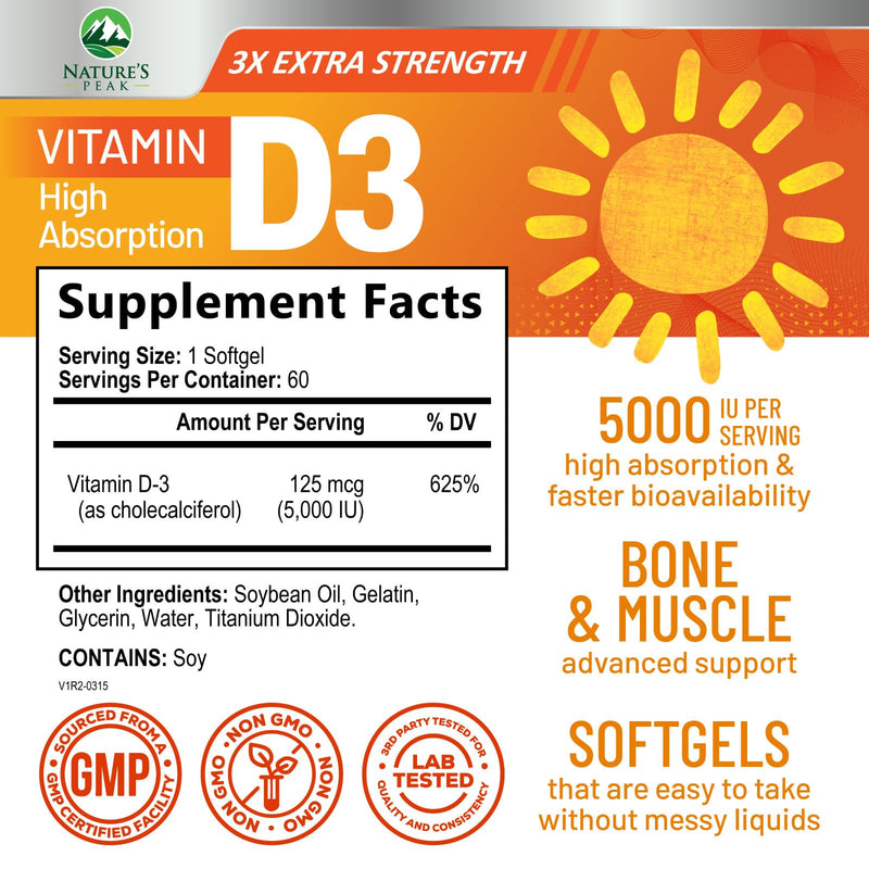 Vitamin D-3 5000 IU (125 mcg) Per Serving Softgels - Extra Strength Vitamins D Dietary Supplement for Bone, Teeth, Muscle Health & Immune Support, Rapid Absorbtion USA Bottled, Gluten Free - 60 Count 60 Count (Pack of 1)