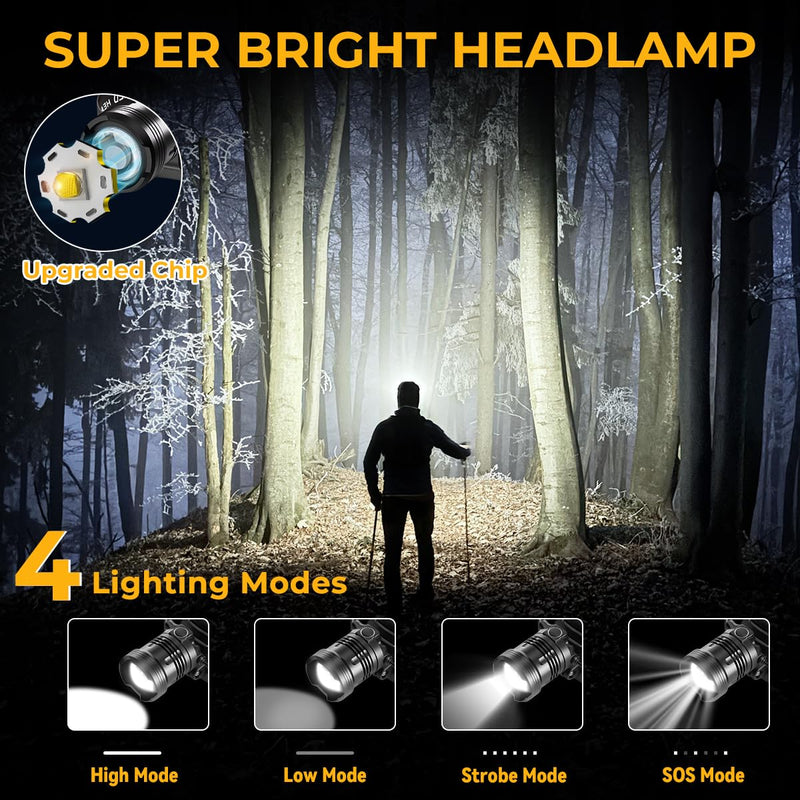 Headlamp Rechargeable 2Pack, Super Bright Head Lamp, Adjustable Focus LED Headlamp, 90°Angle Head Lights for Forehead, 4Mode Headlight, Headlamps for Adults Hard Hat Camping Essentials Gear - BeesActive Australia