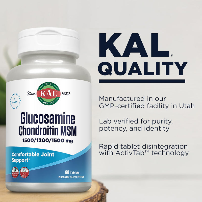 KAL Glucosamine Chondroitin MSM, Joint Support Supplement for Women and Men, 1500mg Glucosamine Sulfate, 1200mg Chondroitin, MSM, Rapid Disintegration, 60-Day Guarantee, 20 Servings, 60 Tablets 60 Count (Pack of 1)