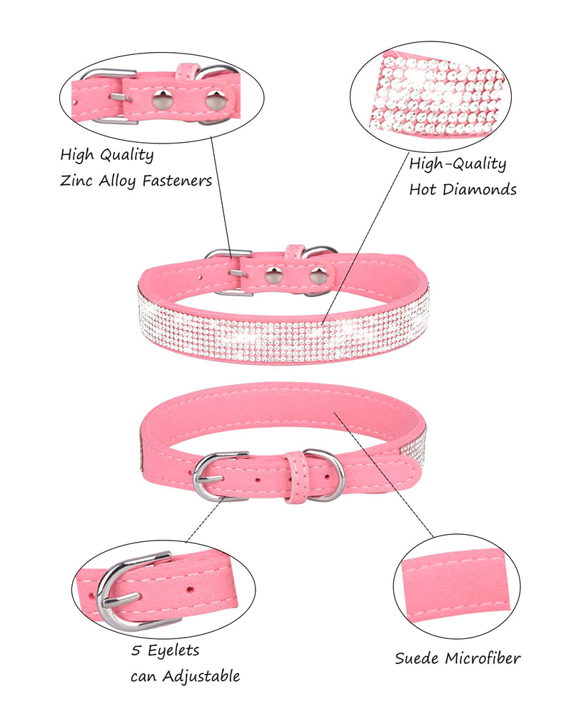 Dog Collar for Small Dogs, Adjustable Leather Suede Bling Dog Collars，Pink Dog Collar Cat Collar, Rhinestone Dog Collar(S, Pink) S - BeesActive Australia
