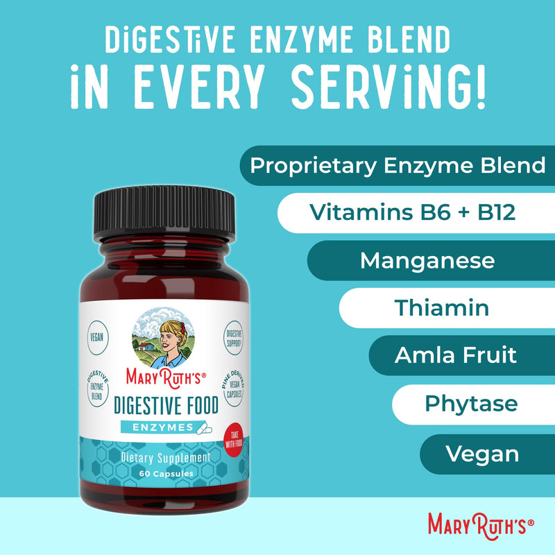 MARYRUTH'S Digestive Food Enzymes for Digestive Support, 60 Capsules | Digestive Support, Occasional Gas & Bloating Relief, Over 12 Enzymes, Alpha-Galactosidase, Beta-Glucanase, Protease