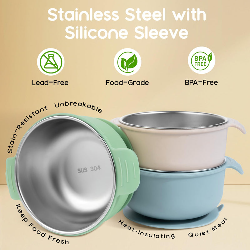 Bella's Friends Stainless Steel and Silicone Baby Bowls with Suction 3 Pack, 4.3‚Äù for Toddlers Kids Feeding, Non-Slip, Non-Toxic, Mess-Free, Dishwasher Safe, Fit High Chair Size, beige green blue