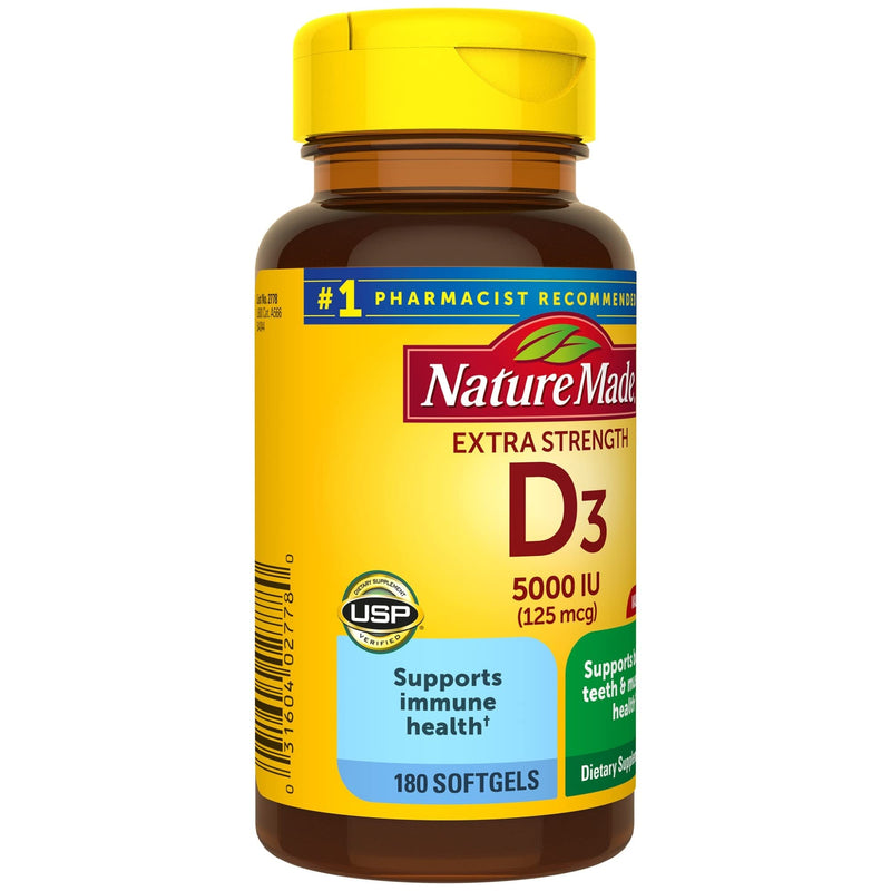 Nature Made Extra Strength Vitamin D3 5000 IU (125 mcg), Dietary Supplement for Bone, Teeth, Muscle and Immune Health Support, 180 Softgels, 180 Day Supply 180 Count (Pack of 1) - BeesActive Australia