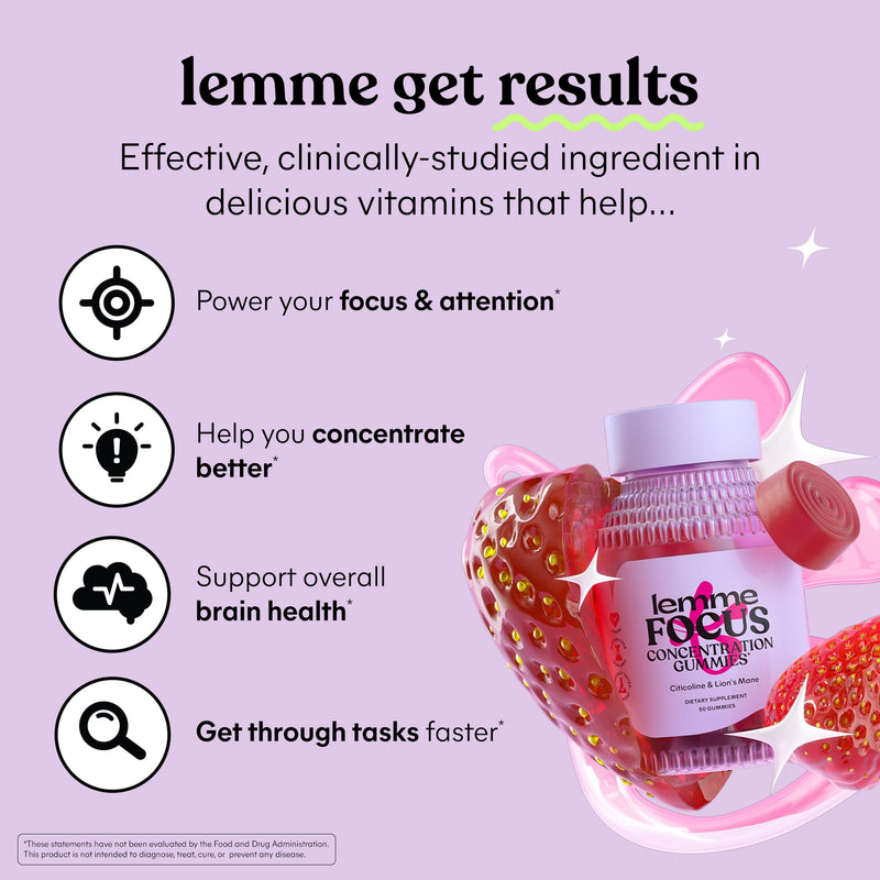Lemme Focus Concentration & Brain Health Gummies with Cognizin Citicoline, Lion's Mane Mushroom, Vitamin B12 to Support Focus + Concentration - Gluten Free, Caffeine Free, Strawberry (50 Count) - BeesActive Australia