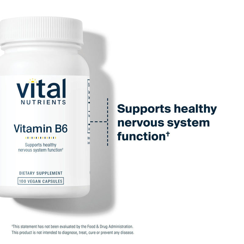 Vital Nutrients Vitamin B6 - Vegan Pyridoxine HCl B6 Vitamins for Nervous System, Muscle, Bone Health* - High-Potency Vitamin B6 for Menstrual Discomfort * - Gluten, Dairy, Soy Free -100 Capsules