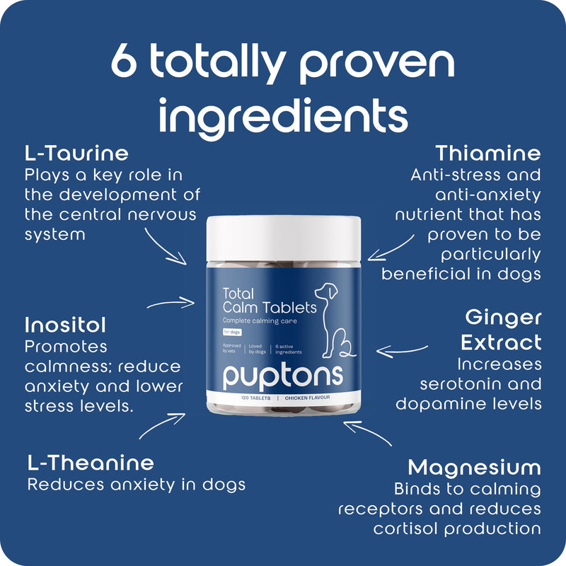 Puptons Total Calming Supplement for Dogs | (60 Tablets) Dog Anxiety & Separation Relief | Reduces Stress, Chewing, Aggression & Barking | L-Taurine, L-Theanine & Ginger Extract 60 Tablets
