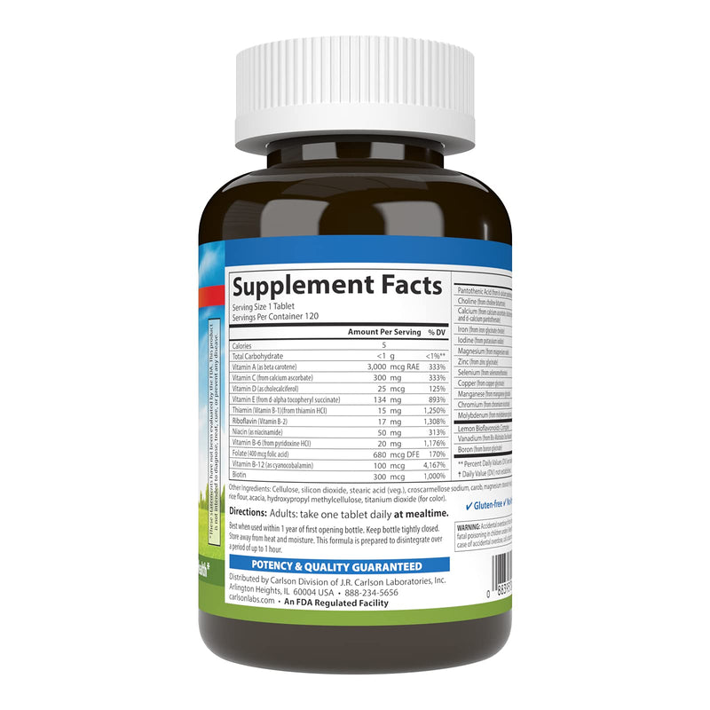 Carlson Super 1 Daily, Vegetarian Multiple Formula, 120 Tablets | Multivitamin; Balanced Amounts of beneficial Nutrients; Once Daily Formula; Optimal Wellness 120 Count (Pack of 1)