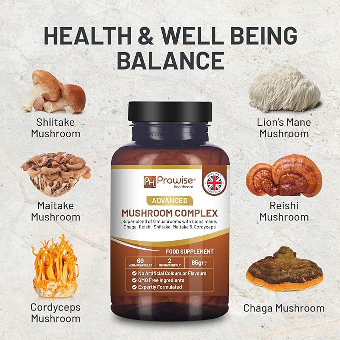 Advanced Mushroom Complex | Super Blend of 6 Mushrooms - Lion's Mane, Chaga, Cordyceps, Shiitake, Reishi and Maitake | 60 Vegan High Strength Capsules | Made by Prowise UK - BeesActive Australia