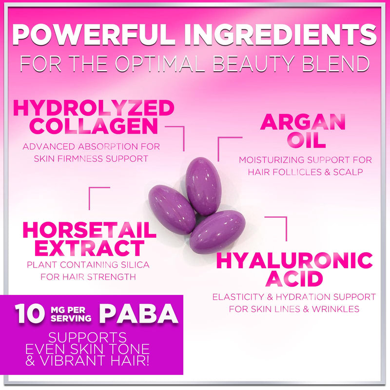 Hair Vitamins for Women for Hair Growth - Argan-Infused Supplement with Collagen, Biotin and Hyaluronic Acid - Supports Faster Hair Growth, Skin & Nails Beauty Vitamins, Bottled in USA - 120 Softgels 120 Count (Pack of 1)