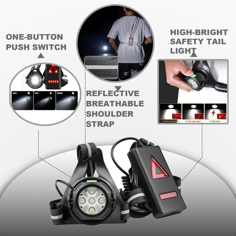 Light Up Running Vest for Runners, USB Rechargeable 6-LED Night Safety Gear with 90° Adjustable Beam, Reflective Running Lights for Jogging, Dog Walking, Men Women Kids (Waterproof)