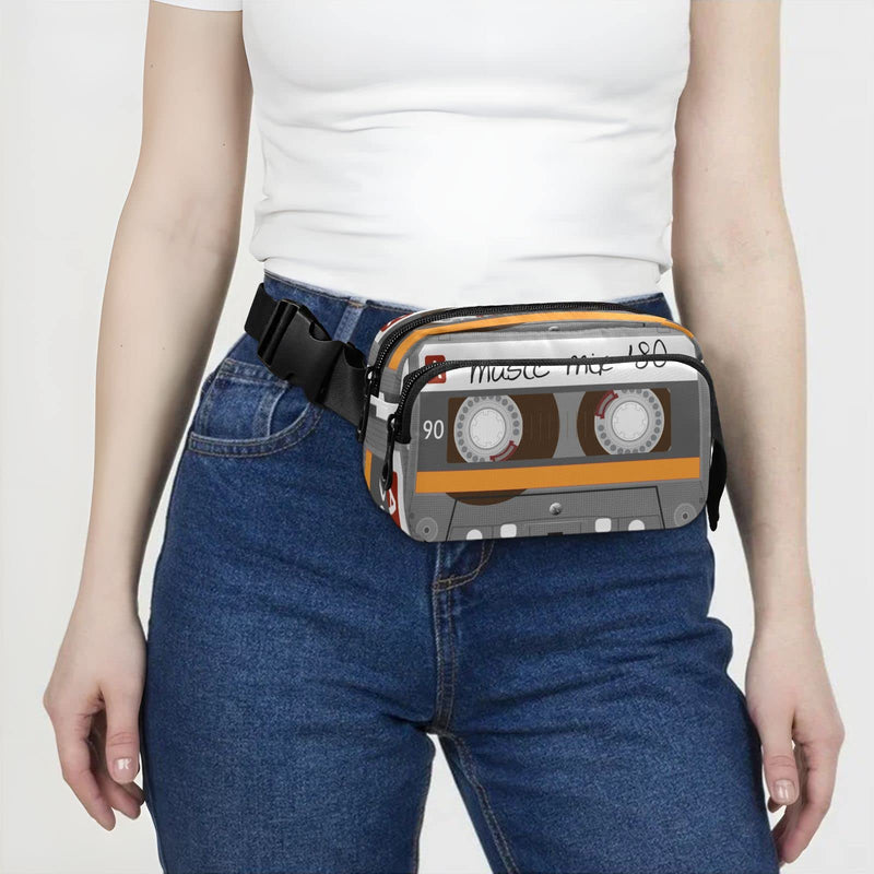 Exnundod Unique Music Mix 80s Tape Fanny Waist Pack for Women Men, Retro Cassette Crossbody Pack with Adjustable Strap Belt Bag Hip Bum Bag for Running Hiking Cycling Traveling Music Tape