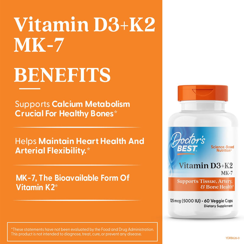 Doctor's Best Vitamin D3 and K2 Supplement for Men & Women - Vitamin D3 5000 IU + K2 as MK-7, Bone Health Support, Gluten Free, Non GMO, Vegetarian Capsules - 60 Veg Caps 60 Count (Pack of 1)