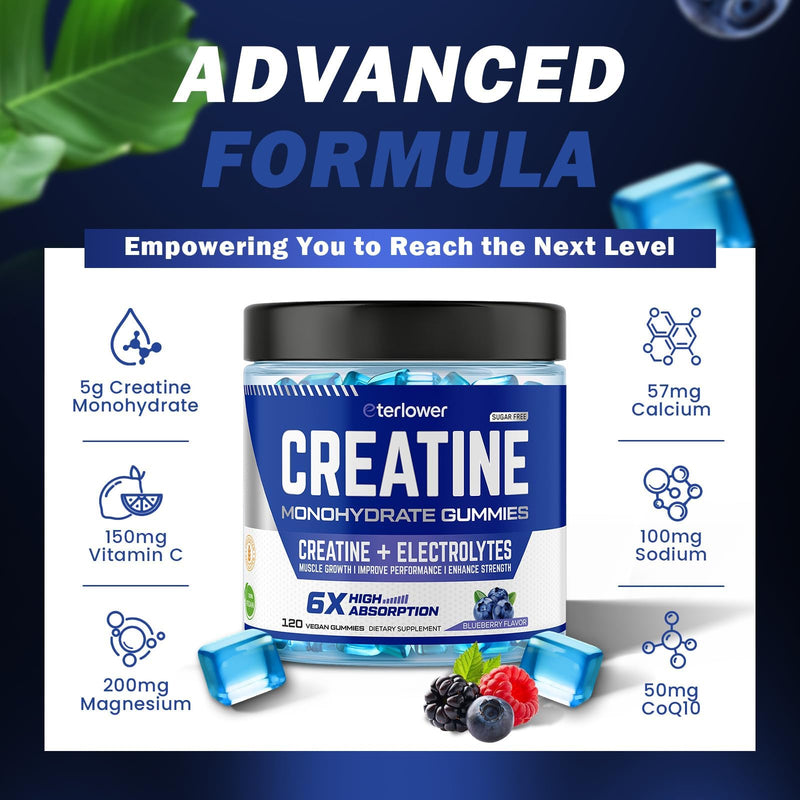 Creatine Monohydrate Gummies 5g, Pre & Post Workout Energy & Muscle for Men & Women | Blueberry Electrolyte Vitamin C/B6/B12 Gummies, 120 Count 119 Count (Pack of 1)