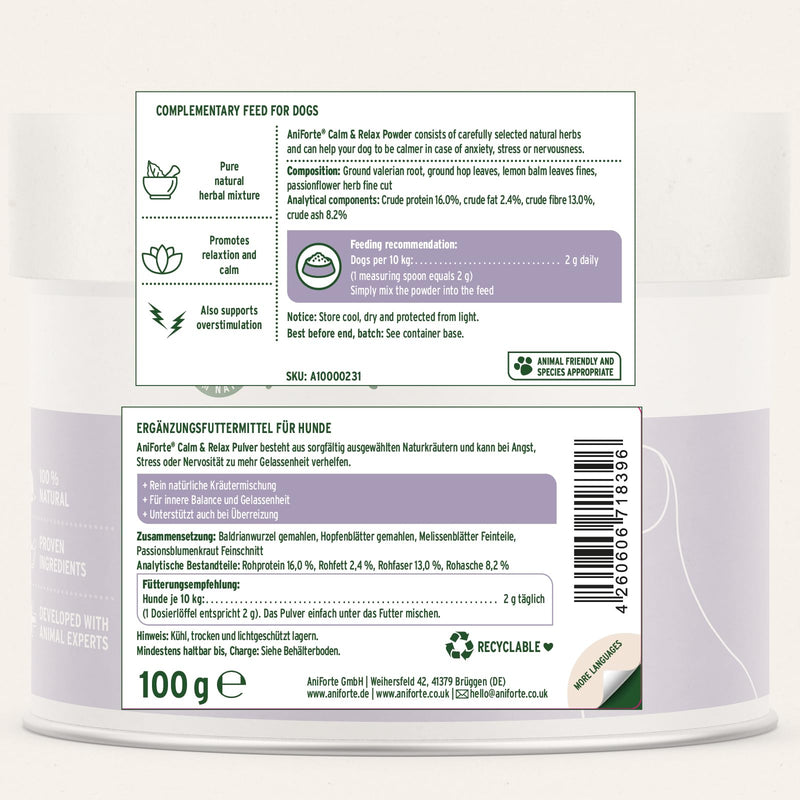 AniForte Calm & Relax 100g for Dogs - Natural Stress & Anxiety Relief Powder, Calming Product In Cases Of Anxiety from Separation, Fireworks, Travelling, Hyperactivity, Aggression