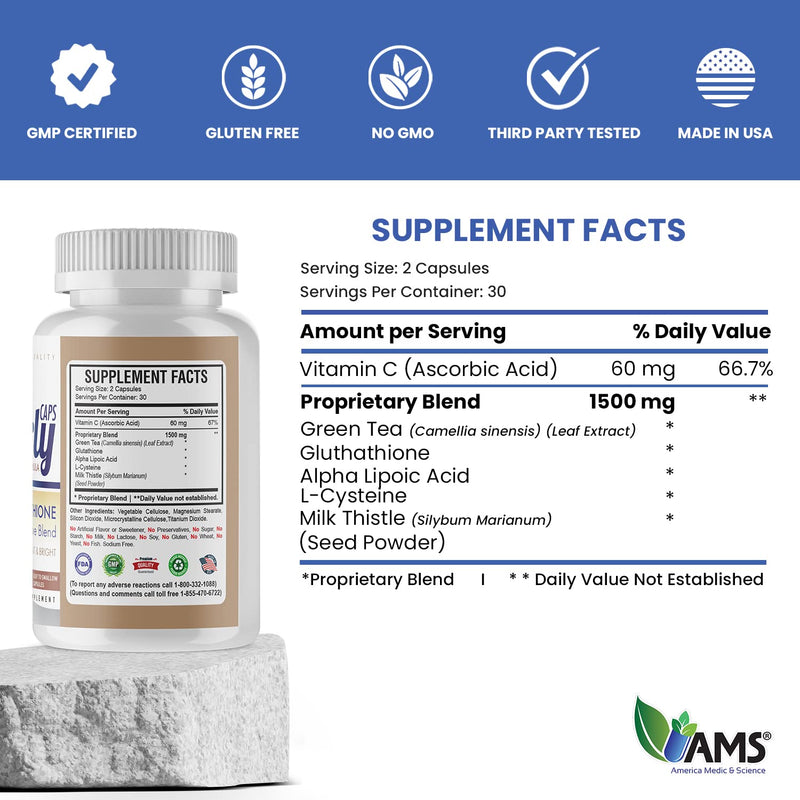 America Medic & Science Pearly Caps (60 Capsules) | 1500 mg Glutathione Supplement for Men and Women | Anti-Aging and Skin Lightening Pills | with Vitamin C, L-Cysteine, and Alpha Lipoic Acid 60 Count (Pack of 1)