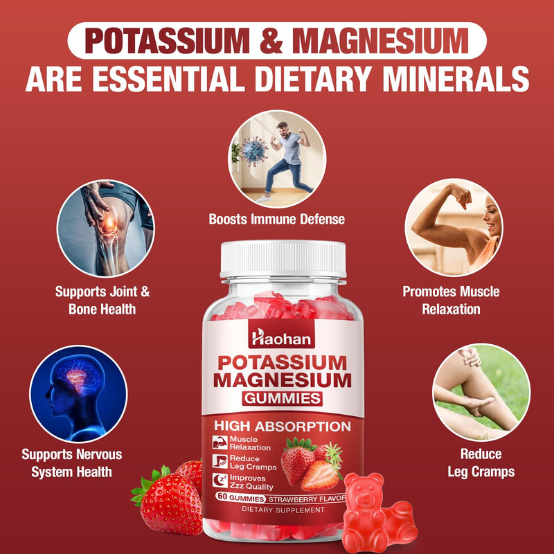 Potassium Magnesium Gummies with Electrolytes & Vitamins - Magnesium Glycinate, Potassium Citrate, Calcium, Vitamins B6, D3 & K2 for Muscle Function & Recovery - Vegan, Strawberry, 120 Count