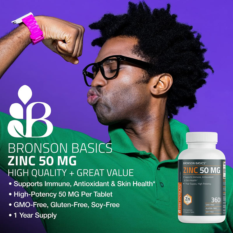 Bronson Zinc 50 MG High Potency One Year Supply Supports Immune, Antioxidant & Skin Health - Non-GMO, 360 Vegetarian Tablets 360 Count (Pack of 1) - BeesActive Australia