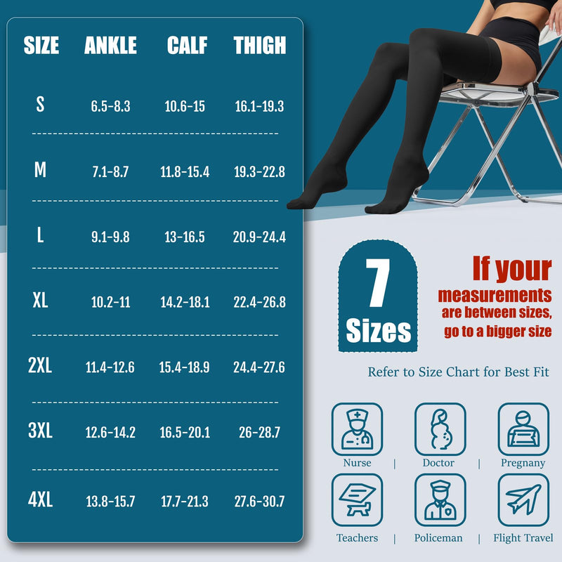 Thigh High Compression Socks,20-30 mmHg Closed Toe Compression Stockings for Men Women,for Varicose Veins,Edema,DVT Large(1 Pair) Black