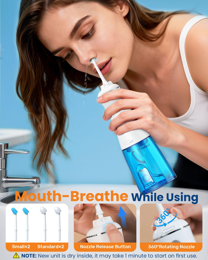 350ML Neti Pot Sinus Rinse Kit, Nasal Irrigation System with 5 Modes, 4 Nozzles, Cordless Rechargeable, IPX7 Waterproof, Nose Cleaner for Sinus Relief (350ML 40 Salt Packets) - BeesActive Australia