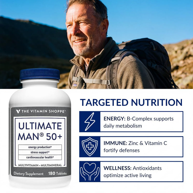 The Vitamin Shoppe Brand Ultimate Man 50+ Multivitamin, 180 Tablets | Daily Multivitamin for Men With Vitamins, Minerals & Antioxidants for Energy, Immune & Overall Wellness Support, Gluten Free