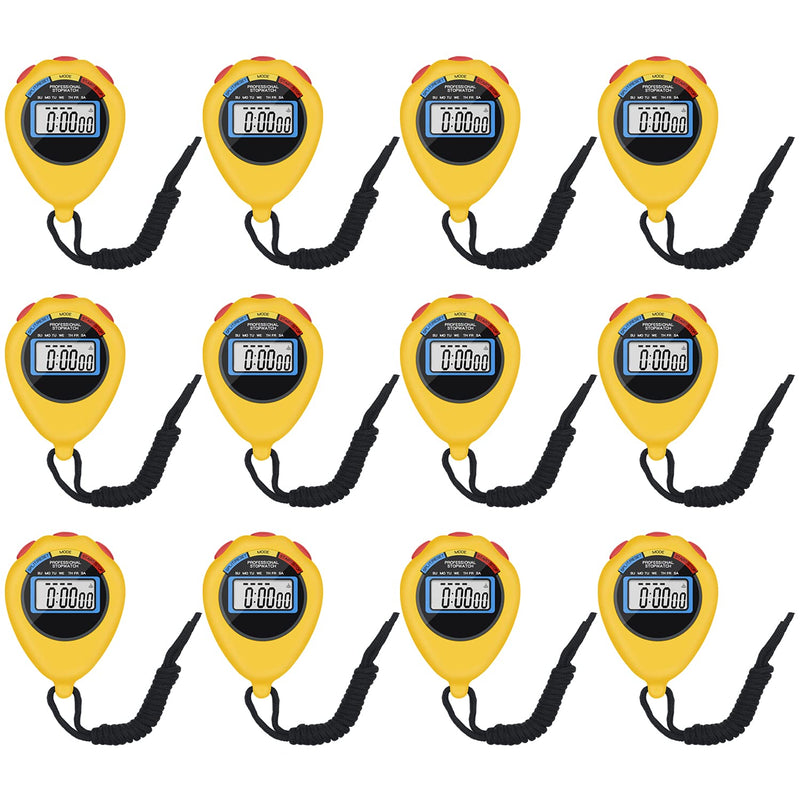 12 Pack Multi-Function Electronic Digital Sport Stopwatch Timer, Large Display with Date Time and Alarm Function,Suitable for Sports Coaches Fitness Coaches and Referees (Yellow) 12