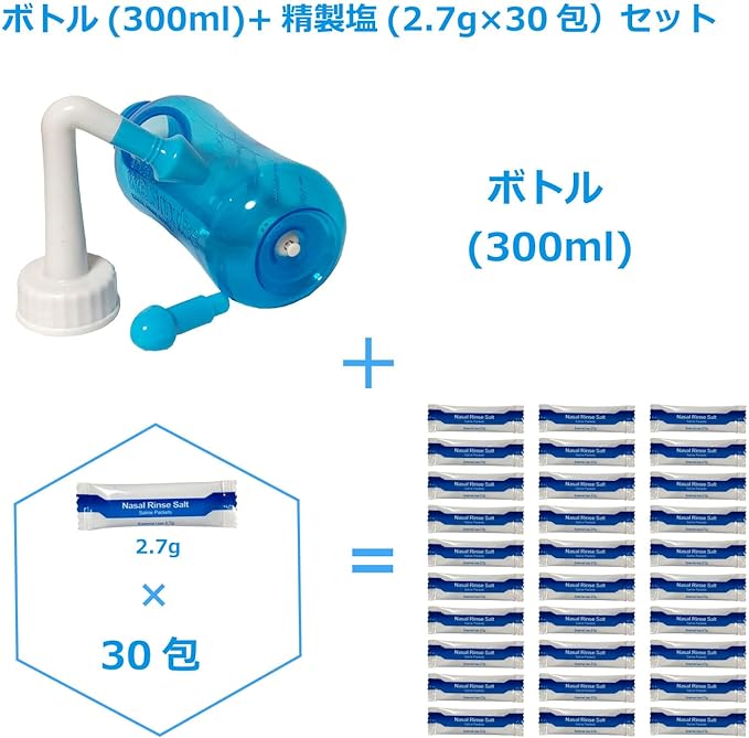 Nasal gargle bottle (nasal irrigator 300ml blue) + purified salt 30 days (30 sachets) set - BeesActive Australia