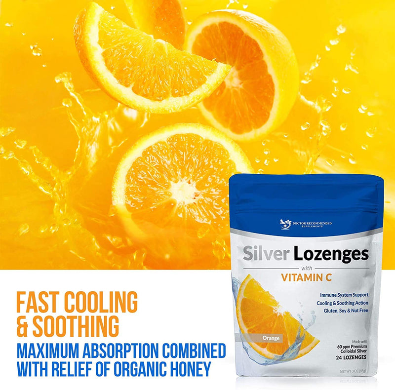 Silver Lozenges with Vitamin C - Premium Nano Silver 60 PPM Colloidal Silver, Organic Honey and Vitamin C Mineral Supplement Drops to Support Immune System, Soothe Cough & Throat - Pack of 2 Orange 24 Count (Pack of 2)