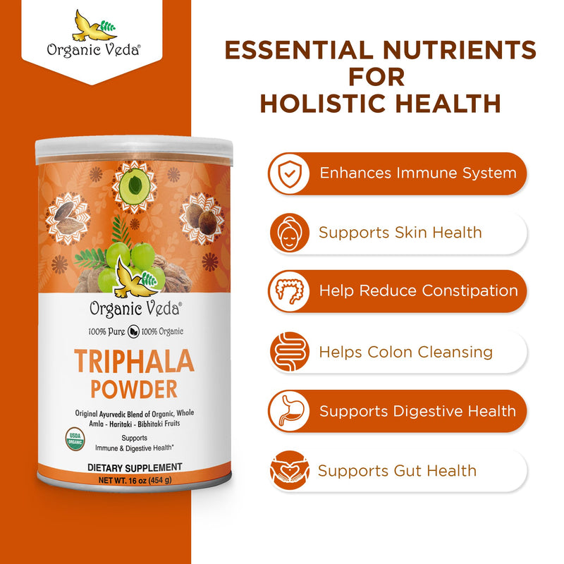 Organic Veda Triphala Powder with Amla, Haritaki, Bibhitaki Fruits - 100% Natural Ayurvedic Triphala Powder - Improves Immune Support, Digestion, Colon Cleanse, Skin Health - Vegan, Non-GMO - 16oz - BeesActive Australia