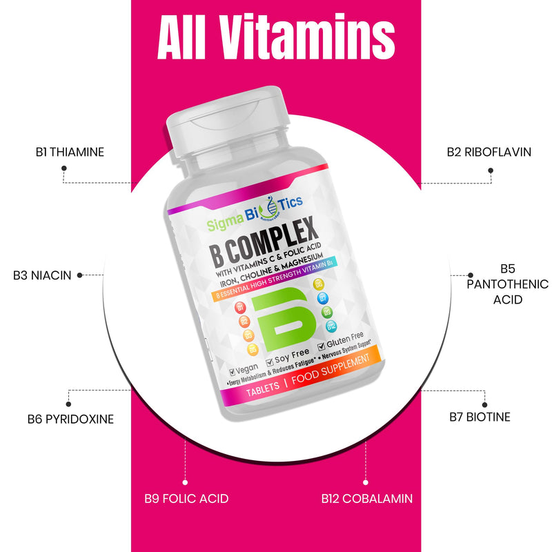 Vitamin B Complex with Vitamin C, Iron, Magnesium & Choline - High Potency B1-B12 Tablets - Energy, Metabolism & Nervous System Support - Vegan, Non-GMO - 90 Tablets