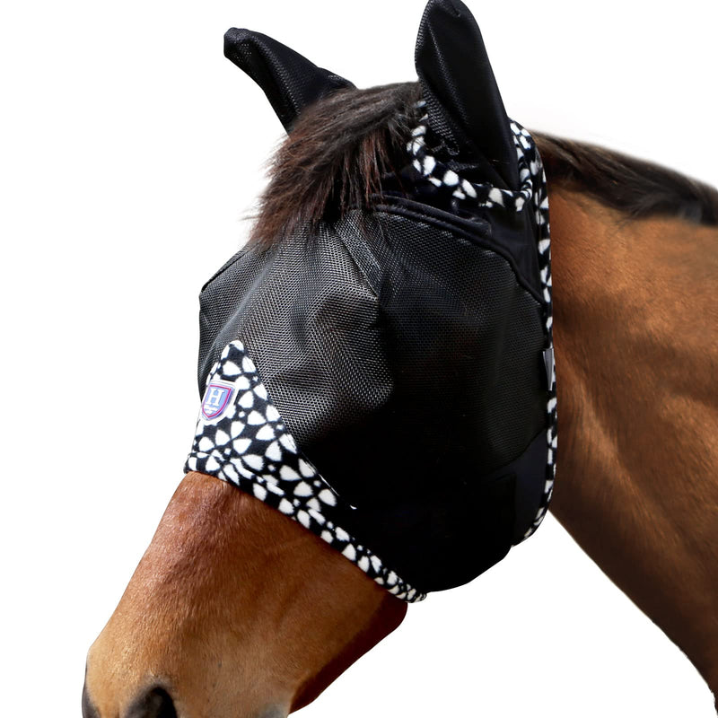 Harrison Howard Horse Fly Mask Half Face with Ears Fleece Edging with Attractive Patterns Adds More Flair Black Horse Large Horse (L) - BeesActive Australia