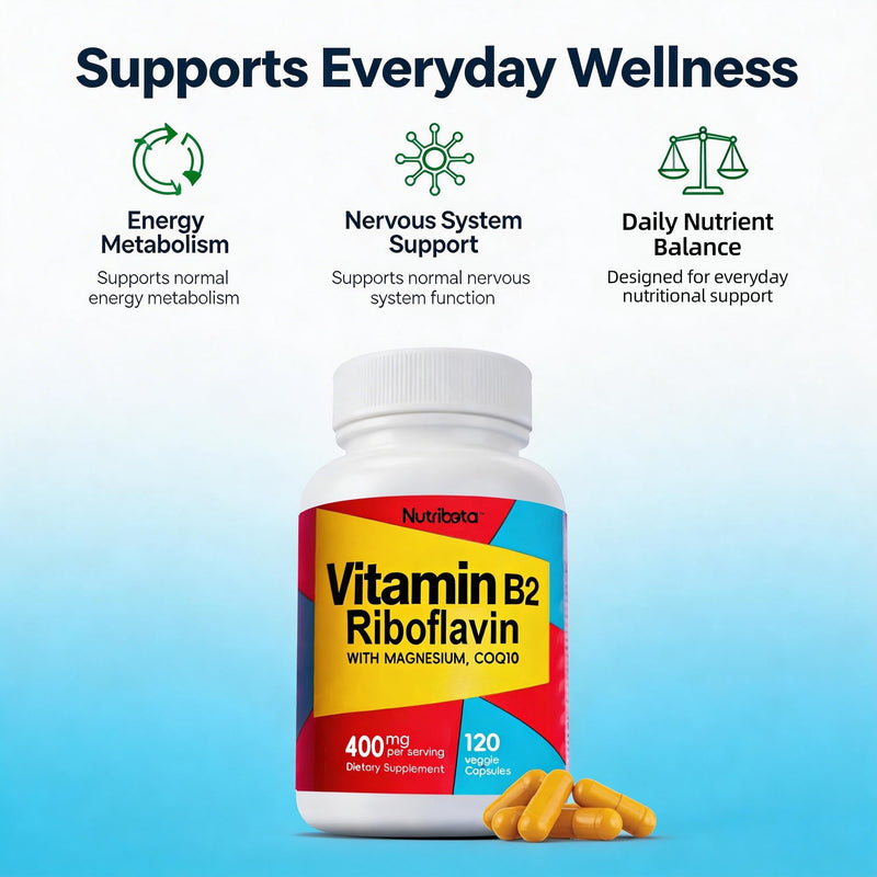Vitamin B2 Riboflavin 400mg with Magnesium & CoQ10, High Potency Vitamin B2 Supplement for Energy Metabolism & Daily Wellness, 120 Veggie Capsules, 60 Day Supply