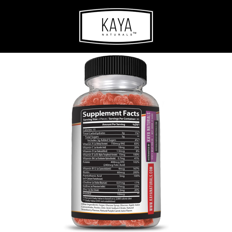 Kaya Naturals Adult Multi Vitamin Gummy, Biotin, Vitamin A, C & E, Including Zinc &Vitamin B-12, Folic Acid, Strawberry Flavor | Gluten-Free multivitamins Sweet Adult Gummies - 60 Gummies 60 Count (Pack of 1)