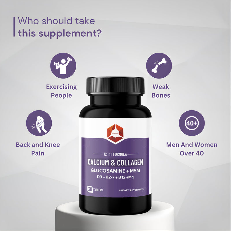 12-in-1 Calcium & Collagen Supplement – Glucosamine, MSM, D3, K2-7, B12, Magnesium – 30 Tablets – Non-GMO, Gluten-Free, Soy-Free