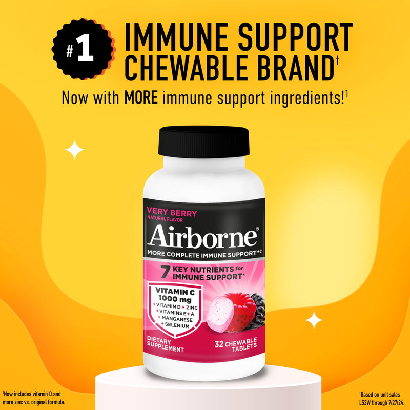 Airborne Very Berry Chewable Tablets, 32ct | Immune Support Supplement with 1000mg Vitamin C + Vitamins A, D, E, Zinc,Selenium, & Manganese | Herbal blend | Gluten Free