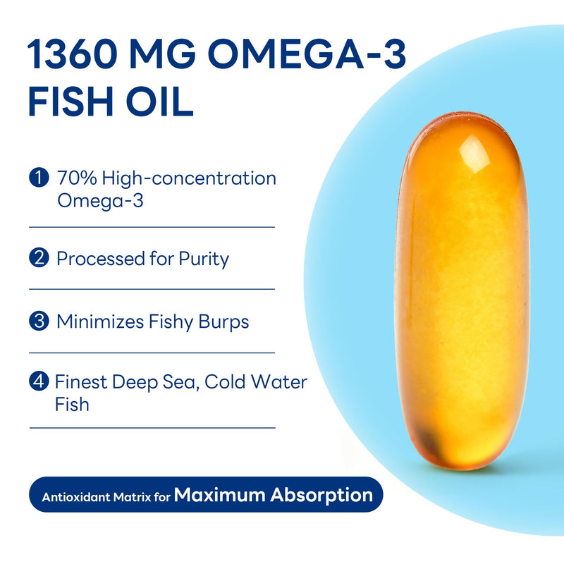 Vitamin World Triple Strength Omega 3s Fish Oil 1360 mg, 180 Softgels | High Potency Omega 3s with EPA & DHA 950 mg, Supports Heart, Brain & Joint Health, Gluten Free, 6 Months Supply 180 Count (Pack of 1)