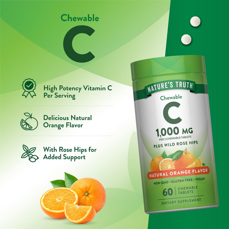 Nature's Truth Chewable Vitamin C with Rose Hips | 1000 mg | 60 Tablets | Vegan, Non-GMO & Gluten Free Supplement 60 Count (Pack of 1)