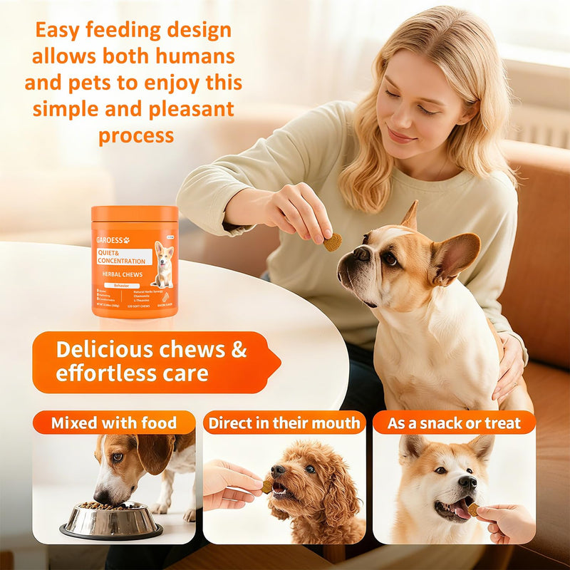 Quiet & Concentration Herbal Chews for Dogs, Behavior Support Supplement with Chamomile, L-Theanine, Valerian Root, ashwagandha, Bacon Flavor, Large container-120 Soft Chews, 12.69 oz (1) 1