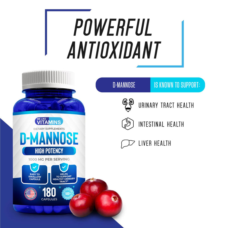 D-Mannose 1000mg - 180 Veggie Capsules - D Mannose Supplements for Women | Cranberry D-Mannose Helps Support Bladder & Urinary Tract Health - 180 Easy to Swallow Capsules - 90 Day Supply
