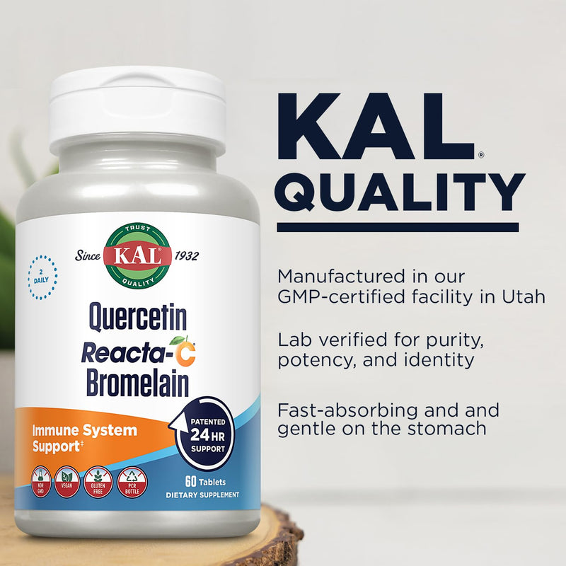 KAL Quercetin with Bromelain - Bromelain Quercetin Supplement for Men & Women, Complex with Vitamin C, Nettle, & Chamomile, Immune Health Support, Vegan, Non GMO, Gluten Free - 60 Tablets | Bromelain Quercetin Supplement for Men & Women, Complex with V...