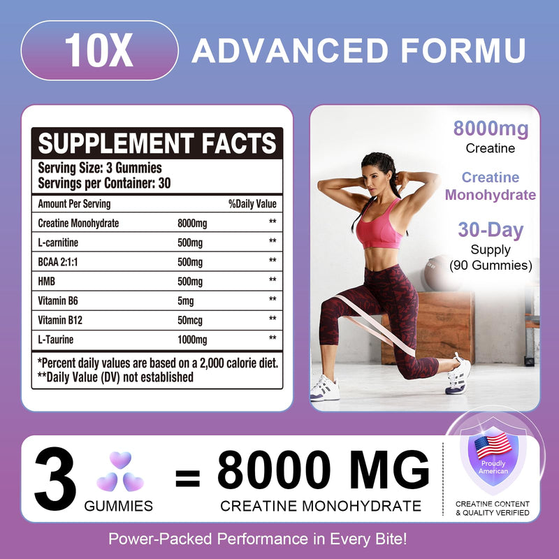 2 Pack 8000MG Creatine HMB Monohydrate Gummies with L-Taurine,Muscle Boosting,Energy Boosting,Vitamin B12, Men & Women,180 Blueberry Flavored Fudge,60 Days Supply 90 Count (Pack of 2)