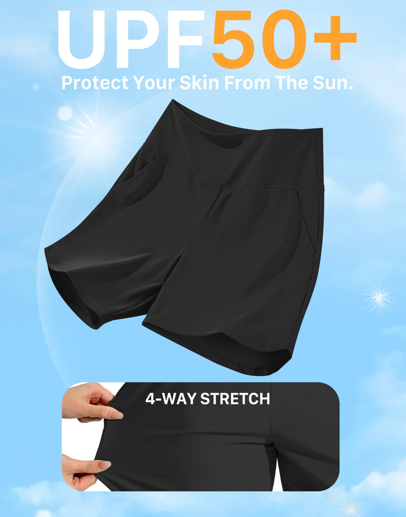G Gradual Women's 7" Quick Dry Swim Board Shorts Swimming Bottoms High Waisted Beach Shorts for Women with Liner Pockets Large Black - BeesActive Australia