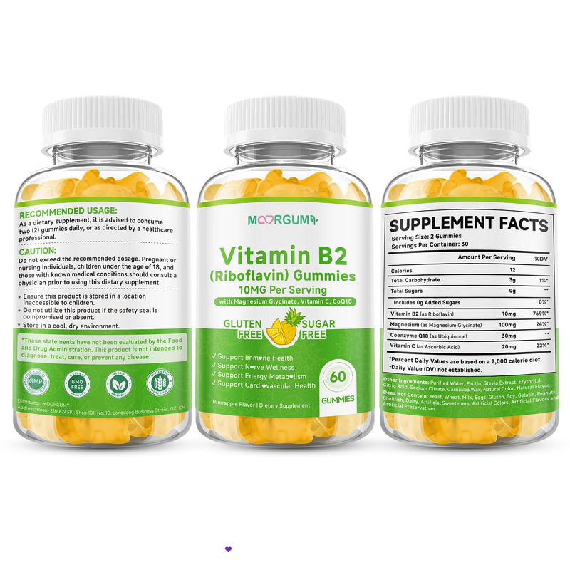 Vitamin B2 Gummies, 10mg Riboflavin Supplement for Kids & Adults, with Magnesium Glycinate, CoQ10 and Vitamina C, for Women and Men, Energy, Immune Wellness & Cellular Health Support, 60 Count 60 Count (Pack of 1)