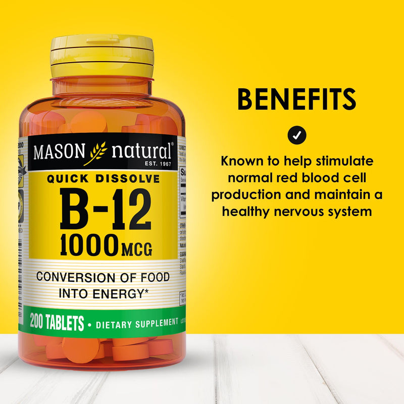 MASON NATURAL Vitamin B-12, 1000 mcg Quick Dissolve Tablets, 200 Day Supply | 1000mcg quick-dissolve vitamin B12 tablets to support normal energy, red blood cell production & nerve function 200 Count (Pack of 1)