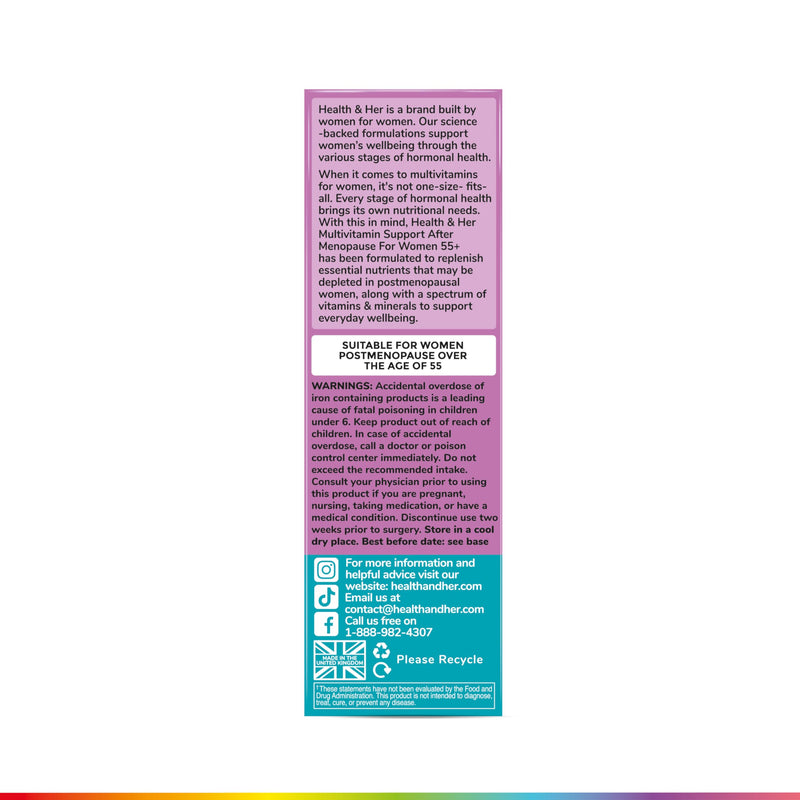 Health & Her Multivitamin for Women 55+ & Postmenopausal, 30 Day Supply | Daily dietary supplement with 22 key nutrients for wellbeing after menopause; Vegan, gluten-free; 60 tablets
