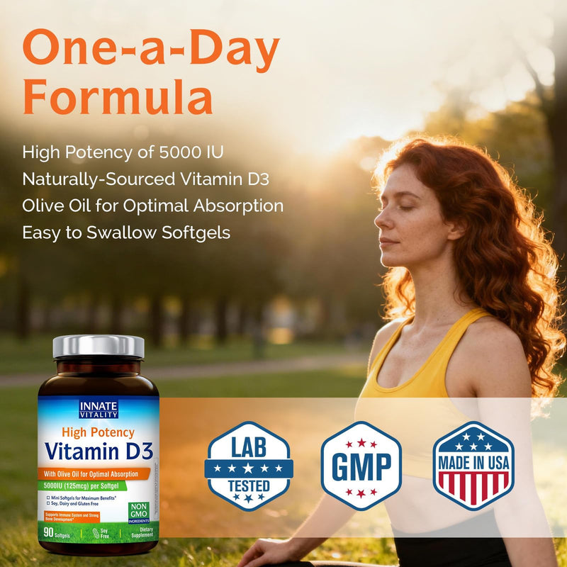 Innate Vitality Vitamin D3 5000 IU (125 mcg) | High Potency, for Bone, Teeth, and Immune Health Support, Non-GMO, No Soy or Gluten
