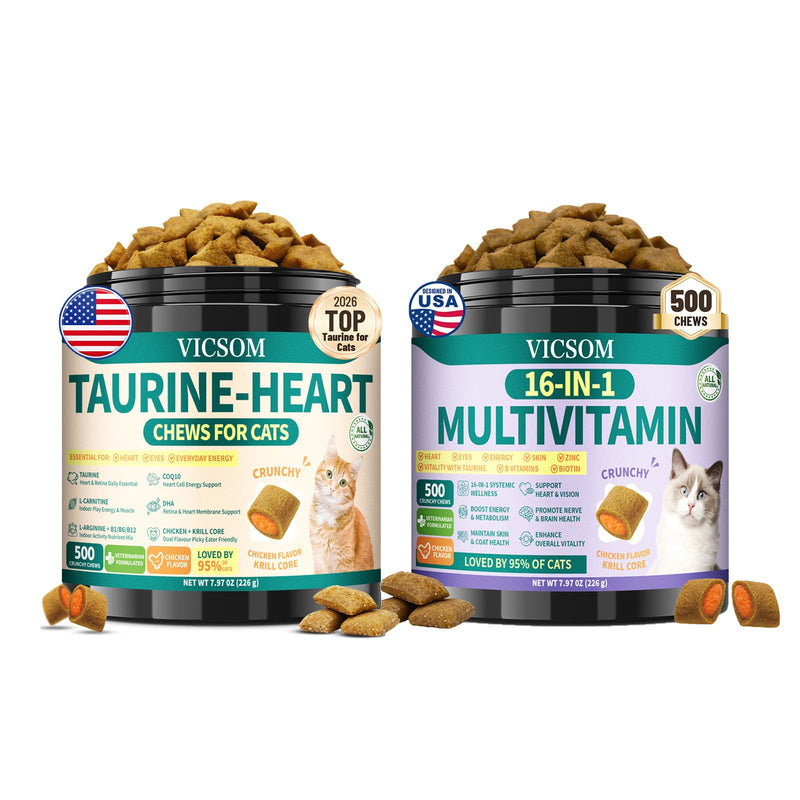 Cat Taurine Supplement Bundle, 2 Pack Cat Multivitamin & CoQ10 Treats, 1000 Chicken & Krill Crunchy Chews for Heart, Vision, Immune, Digestion, Skin & Coat, Daily Vitality Support for Adult & Senior C