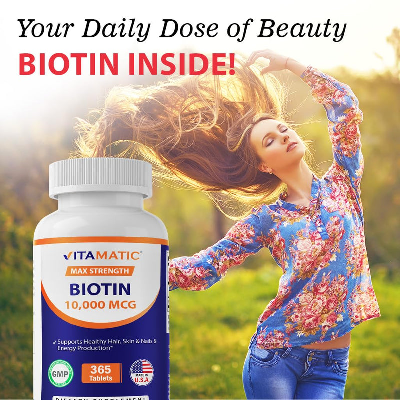Vitamatic Biotin 10,000 mcg (10 mg) for Stronger Hair, Skin & Nails - 365 Vegan Tablets- Also Called Vitamin B7-4 Pack 730 Count (Pack of 2)