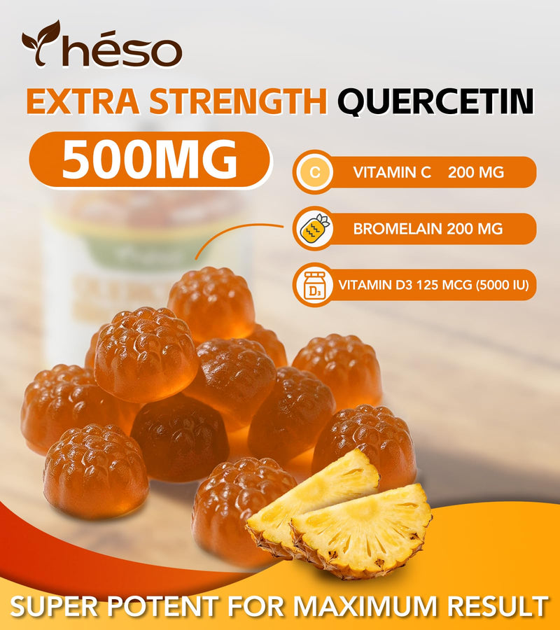 Quercetin Gummies 500mg with Bromelain, Vitamin C, D3 & Zinc – Sugar Free Immune Support Supplement – Antioxidant Complex with Pineapple Enzyme, 60 Gummies (30 Servings) 60 Count (Pack of 1)