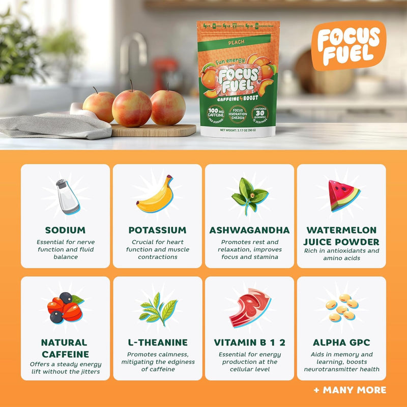 FocusFuel Energy Chews - Peach Sample Pack (36 Servings) - 100mg Caffeine | Alpha GPC, L-Theanine, B12, Magnesium, No Crash or Jitters