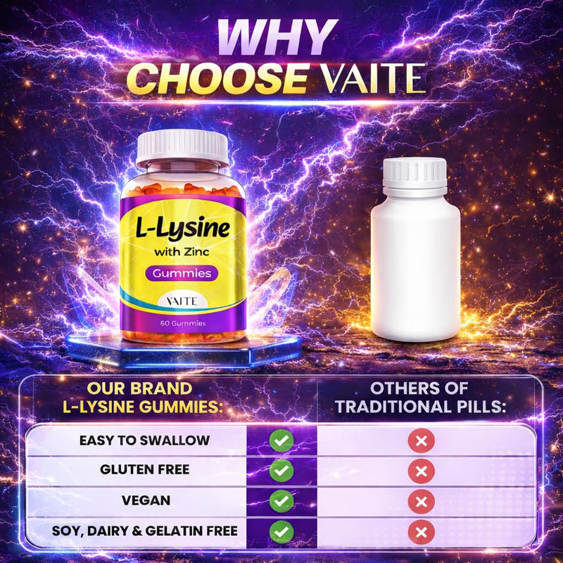 VAITE L Lysine Gummies 1000mg with Zinc - Supports Skin, Lip, Vegan, Gluten Free, 60 Chewable L-Lysine for Adults, Vitamins Tissue Health & Immune System, Amino Acid & Complex Supplements, Non-GMO 1 Pack